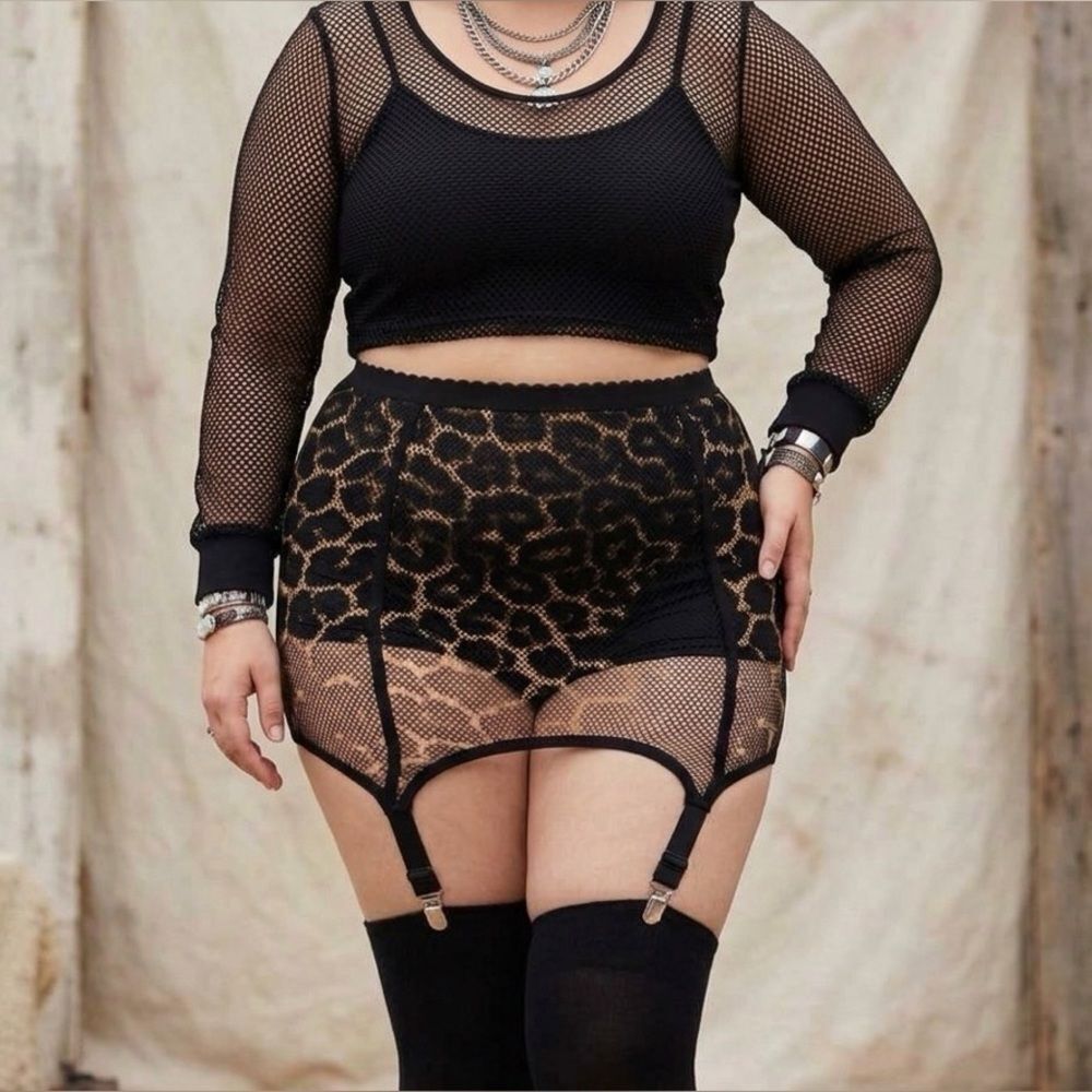 Killstar Leopard Fishnet Mini Skirt - Suspender Garter Clips - 3XL Plus NWT
